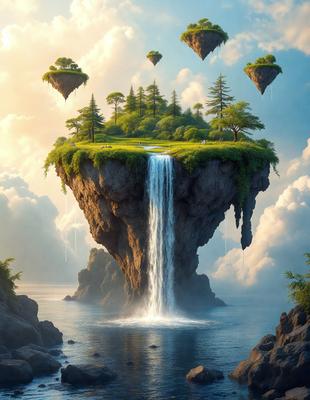 The primary subject of the image is a large, floating island with a waterfall cascading down its side. The island is surrounded by a body of water, and it appears to be a lush, green environment. The visual style of the image is digital art, with a vibrant and colorful atmosphere. The colors and mood of the image are lively and inviting, creating a sense of wonder and adventure.